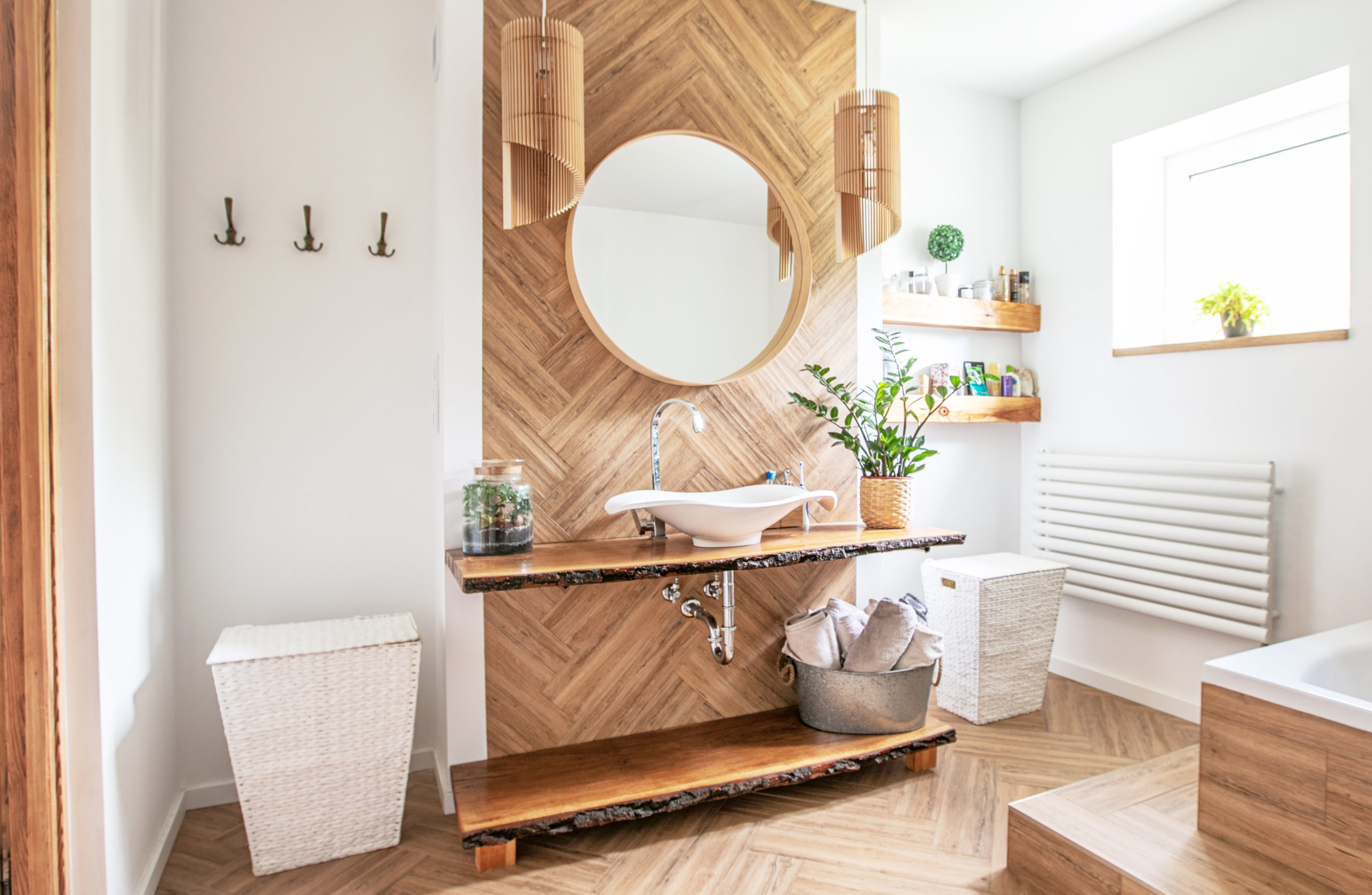 white,sink,on,wood,counter,with,a,round,mirror,hanging white,sink,on,wood,counter,with,a,round,mirror,hanging